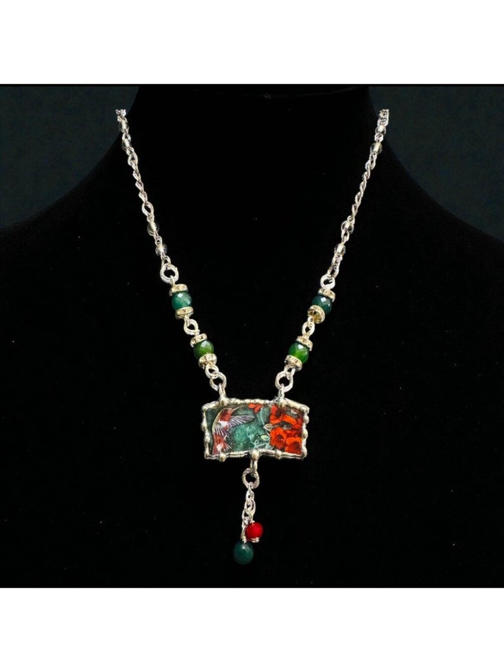 Lena Liu Hummingbird Broken China Pendant  Bezel Red & Green Quartz Necklace - Picture 6 of 15